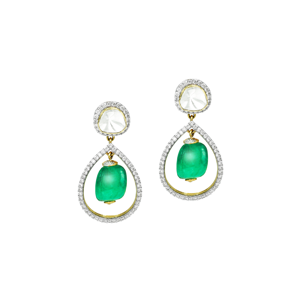 Polki Teardrop Earrings with Emerald Center and Diamond Halo